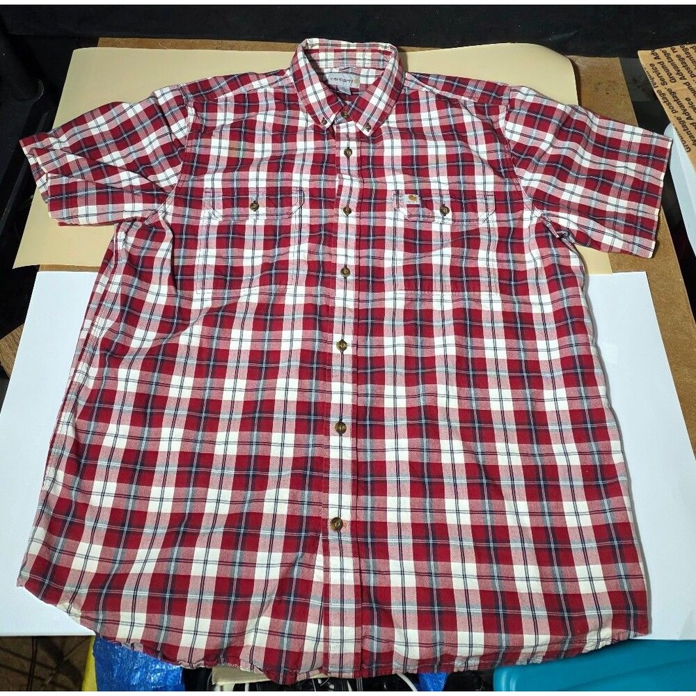 Carhartt Relaxed Fit Plaid Button Up Shirt Mens XL Red White Short Sleeve